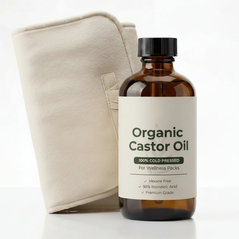 Eden Labs Organic Castor Oil bottle with dropper, a beige fabric pouch, and a dark green product box on a clean white background.